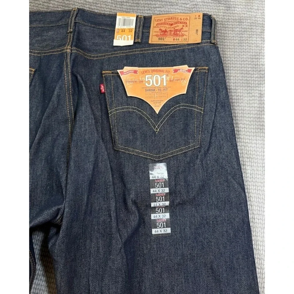 Levis 501 Original Fit Jeans Mens 44x32 Dark Indigo Shrink To Fit Button Fly NEW